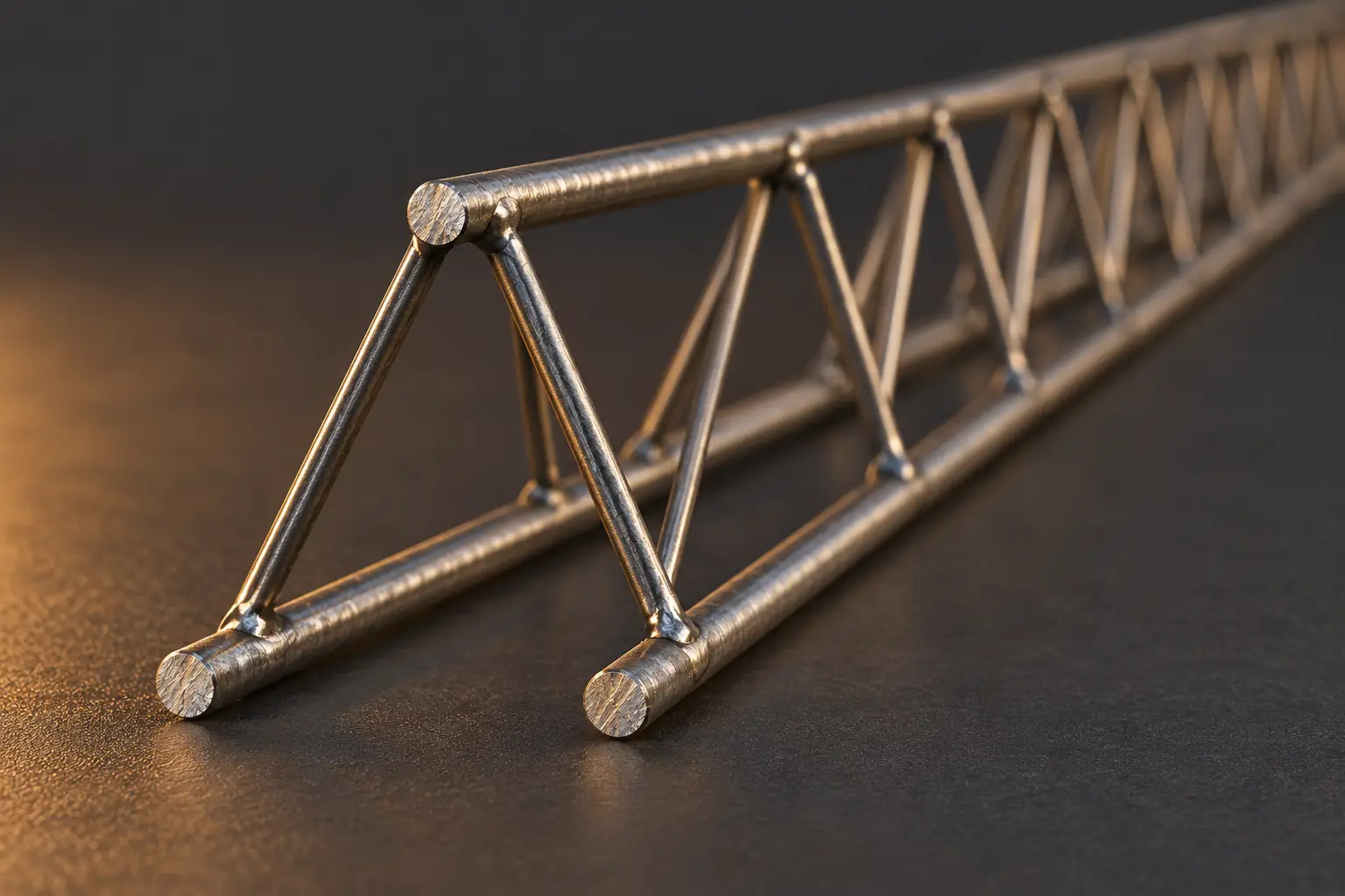 Treliça de aço em close, com banzos e diagonais soldadas e seção triangular